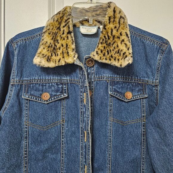 Faux Leopard Ikon Clothing Jean Jacket Women's Small Fur Collar Cuffs Buttons - Picture 3 of 10